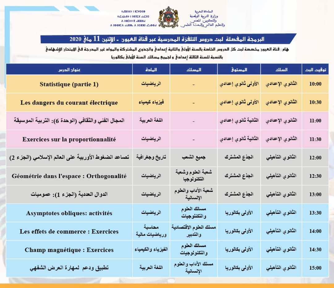 دروس التلفزة المدرسية ليوم الاثنين 11 ماي  Laformation.ma